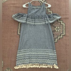 Miami chambray/denim sleeveless/off the shoulder embroidered dress with tassels